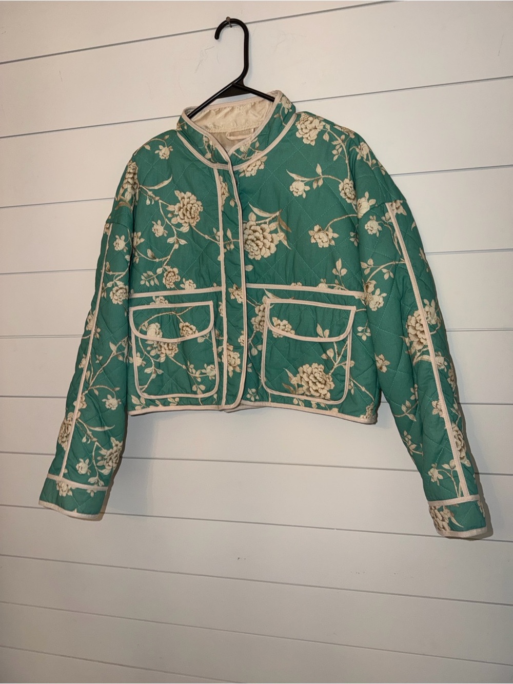 Seven for All Mankind  Floral Cropped Jacket in Teal and Cream size Med NWOT